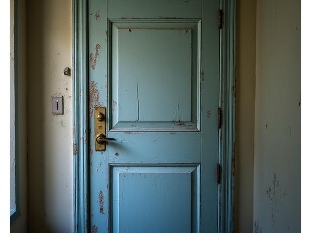 Worn, outdated interior door with chipped paint in a dimly lit apartment hallway